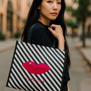 SEPHORA Tote Black White Striped w/a Kiss Magenta Orange 12.5 x 13.5w x 3.5